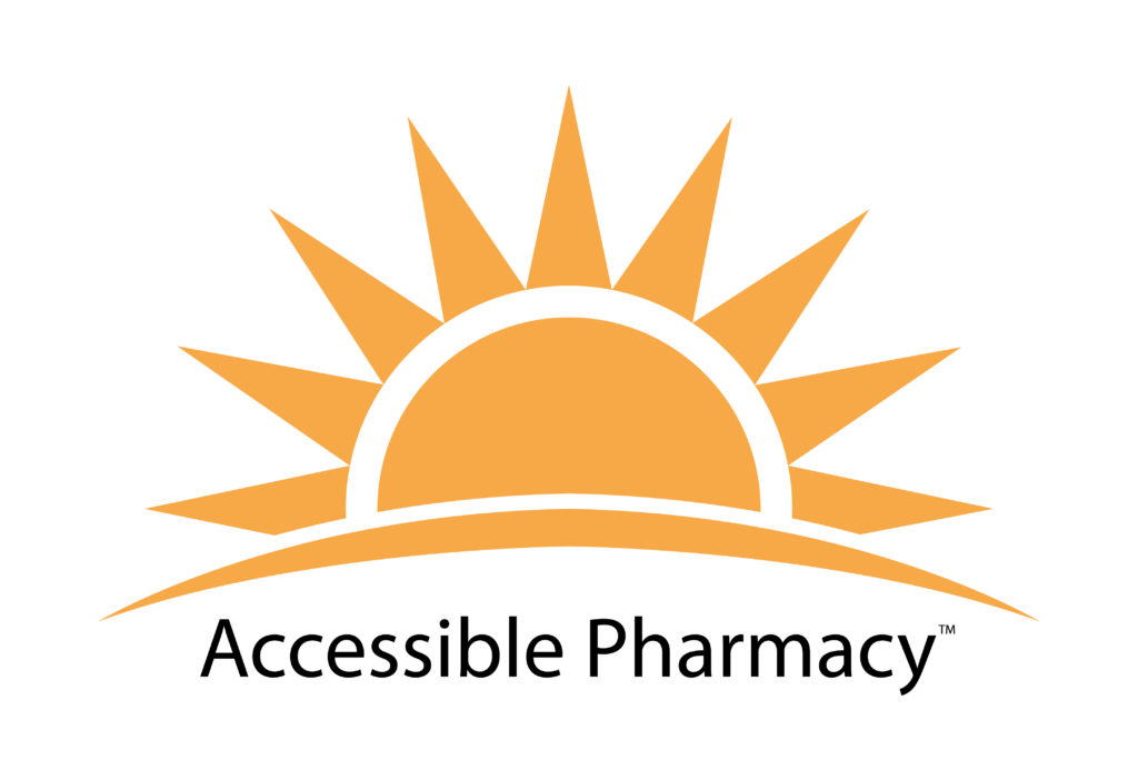 Accessible Pharmacy Services for the Blind logo. The top half of a yellow sun is above the words Accessible Pharmacy which is in black text.